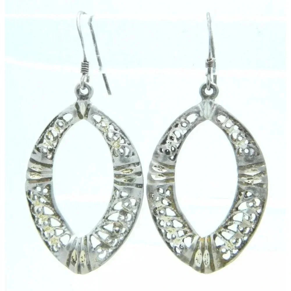 VTG .925 Sterling Silver Open Work Filigree Oval Dangle Earrings